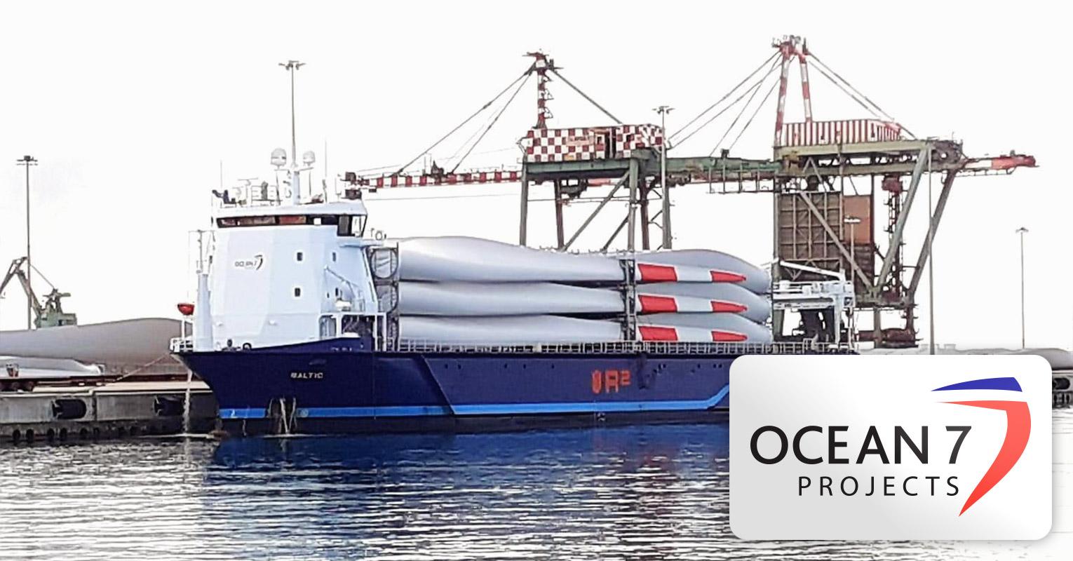 Ocean7 Projects MV BALTIC Pictured with a Full Load of Windturbine Blades