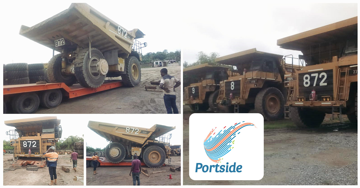 Portside Ghana Loading Five Caterpillar 777 Dump Trucks from Ghana