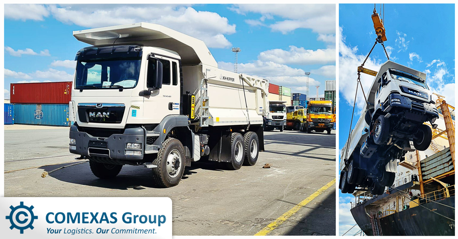 Comexas Shipped Some Brand New Tipper Trucks from Port of Antwerp to Africa