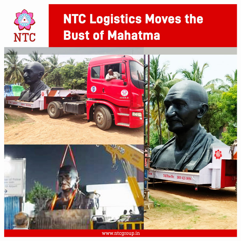 NTC Logistics Transported a 10mt Bust of Mahatma Gandhi from Isha Foundation in Coimbatore to New Delhi Airport