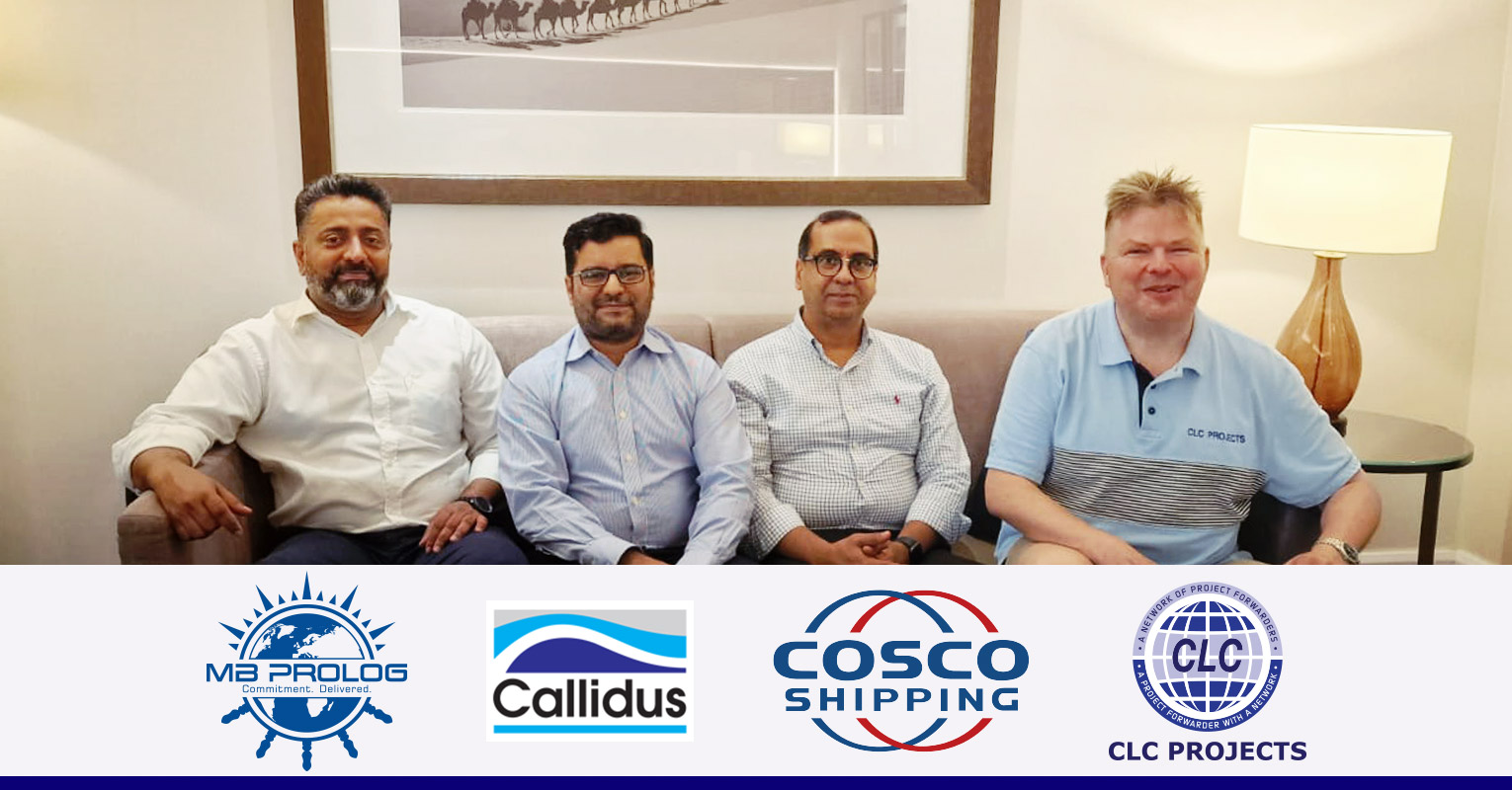 CLC Projects Chairman meeting with Vikas Karthikeyan of MB Projects and Logistics, Joy Thattil Ittoop of Callidus Lawfirm and Ali Raza of COSCO Specialized Carriers in Dubai, UAE