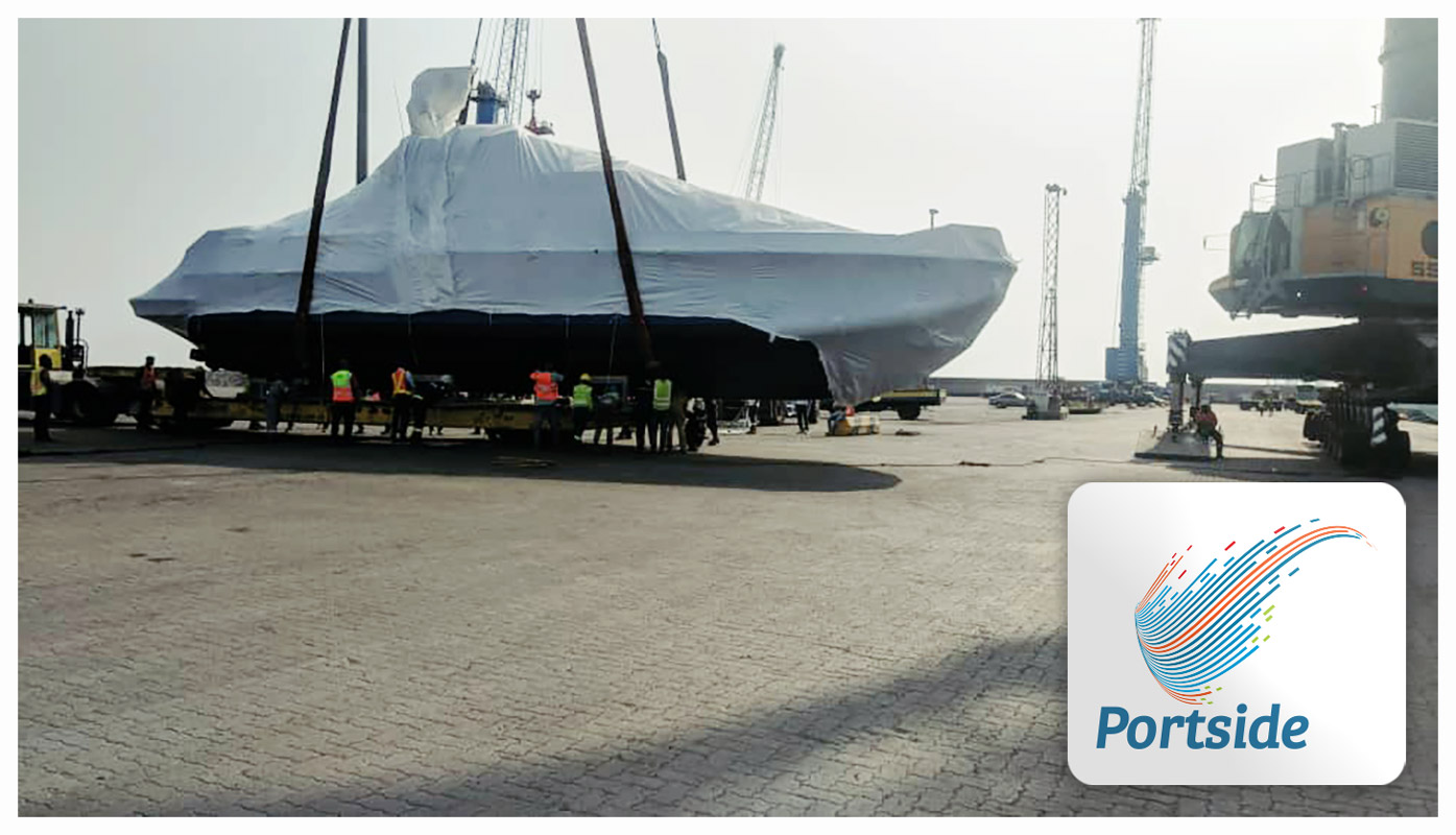 Portside Ghana Discharging a Patrol Boat in Tema