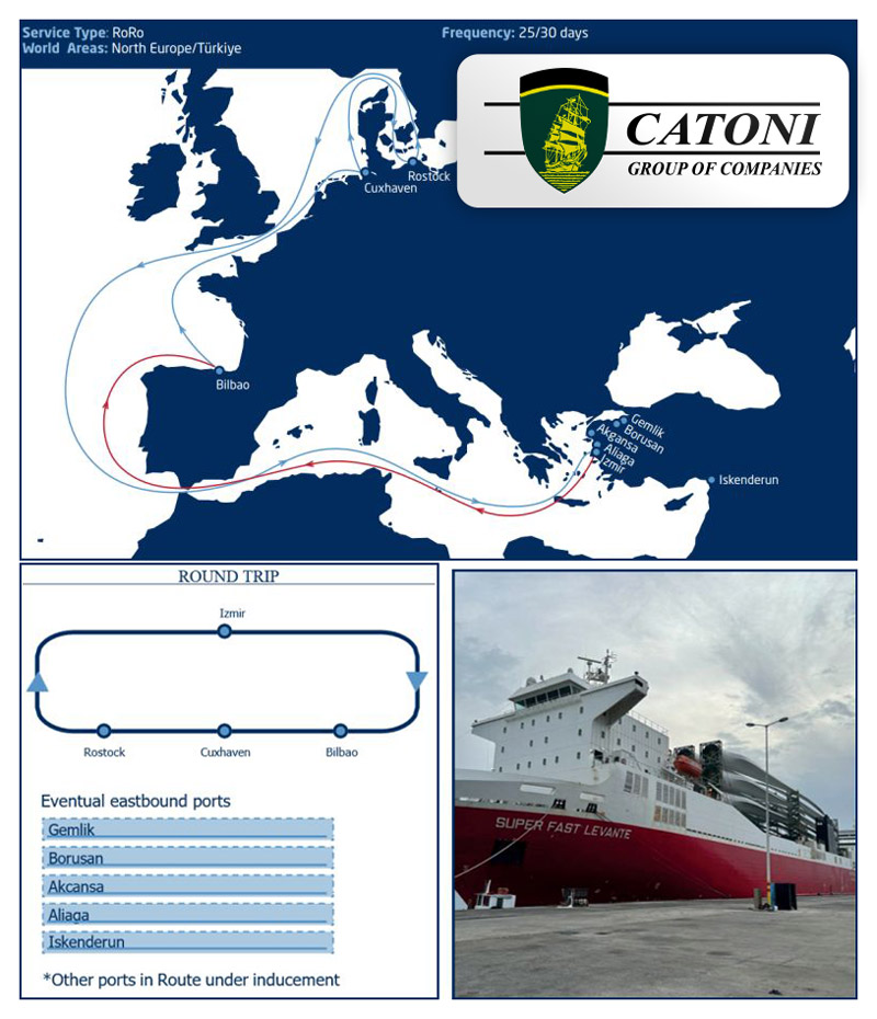 Catoni as agent of NORDEX is proud to announce the new RoRo – General Cargo service for North Europe and Intra Europe trade lanes. Nordex recently launched a new service between key ports in Germany, Spain and Turkey. With the shipowner NORDEX, of which they are an agent, Catoni is pleased to serve valued customers on the Turkey - Spain - Northern Europe route with regular monthly sailings. Vessel Name: MV Super Fast Levante Port of Service: Rostock, Cuxhaven, Bilbao, Izmir Aliağa Alsancak, Gemlik Borusan All kinds of RoRo wheeled and towable vehicles, construction machinery, static cargo, project loads and general cargo are accepted.