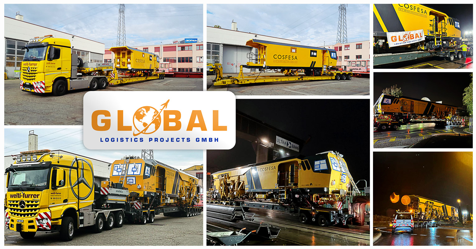 Global Logistics Projects loaded a tamping machine consisting of the machine and the trailer type B66 from Switzerland to Spain by truck and sea freight