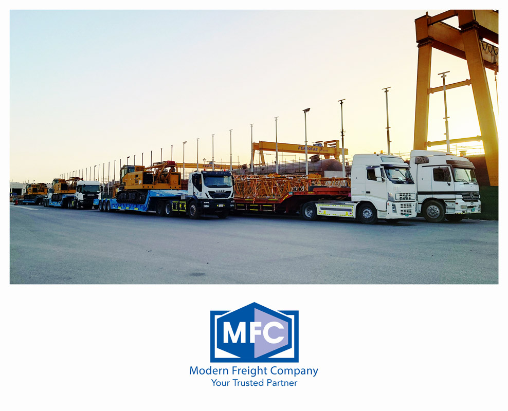 MFC Transported 5 Cranes, their Boom Sections, and Counterweights by a 10-truck Convoy for a Large UAE Project